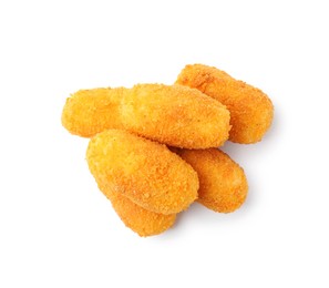 Photo of Delicious fried croquettes isolated on white, top view