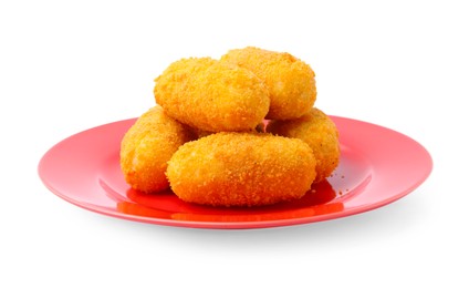 Photo of Many delicious fried croquettes isolated on white