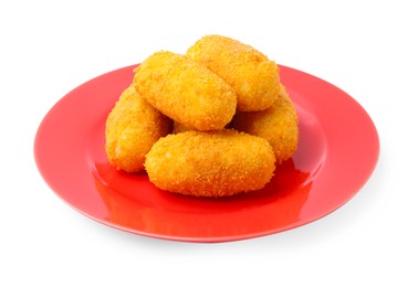 Photo of Many delicious fried croquettes isolated on white