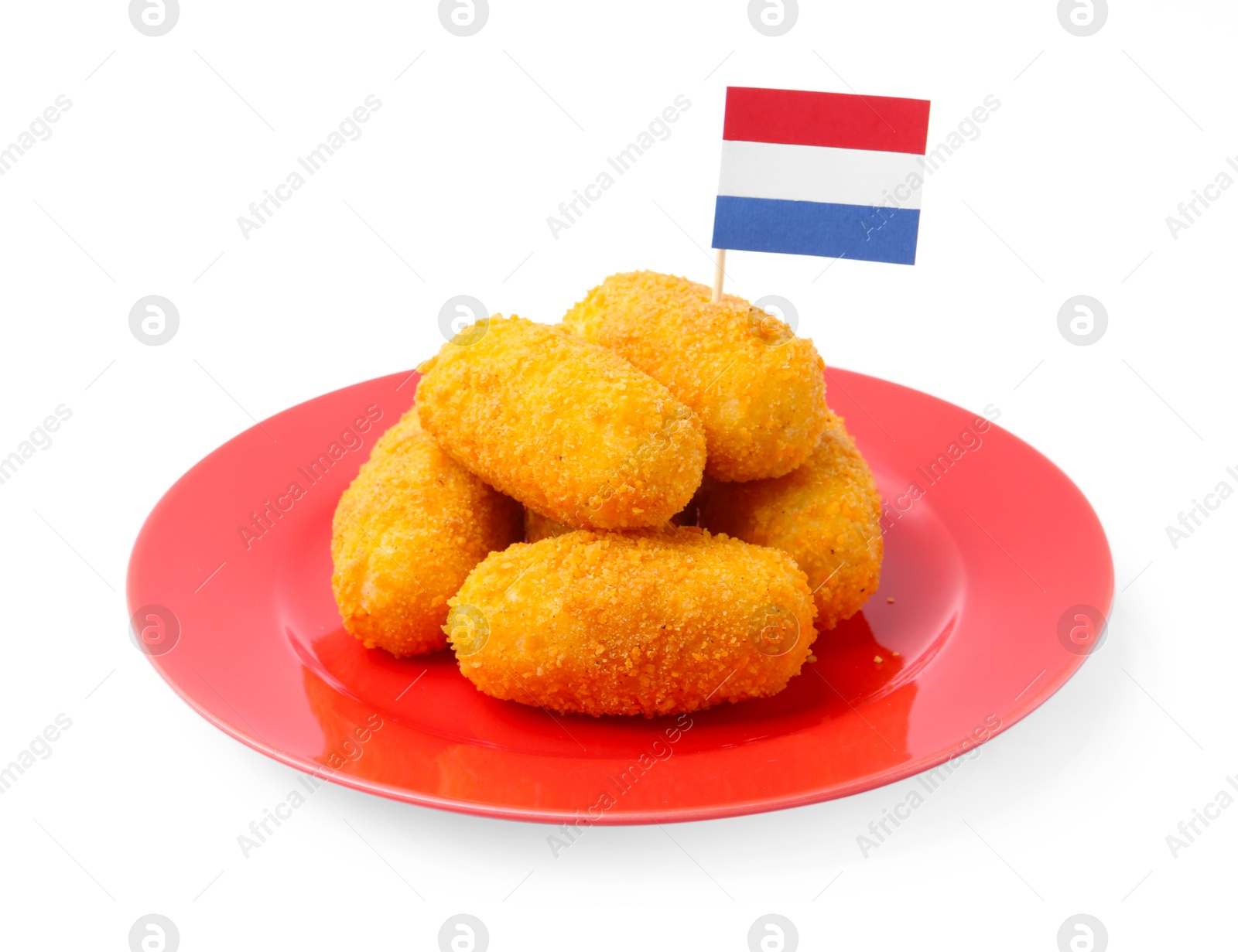 Delicious fried croquettes and flag of Netherlands isolated on white Photo of Delicious fried croquettes and flag of Netherlands isolated on white