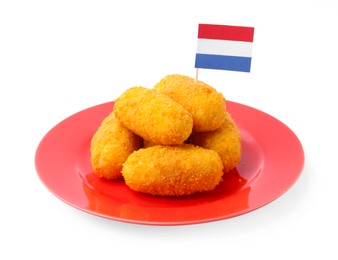 Photo of Delicious fried croquettes and flag of Netherlands isolated on white