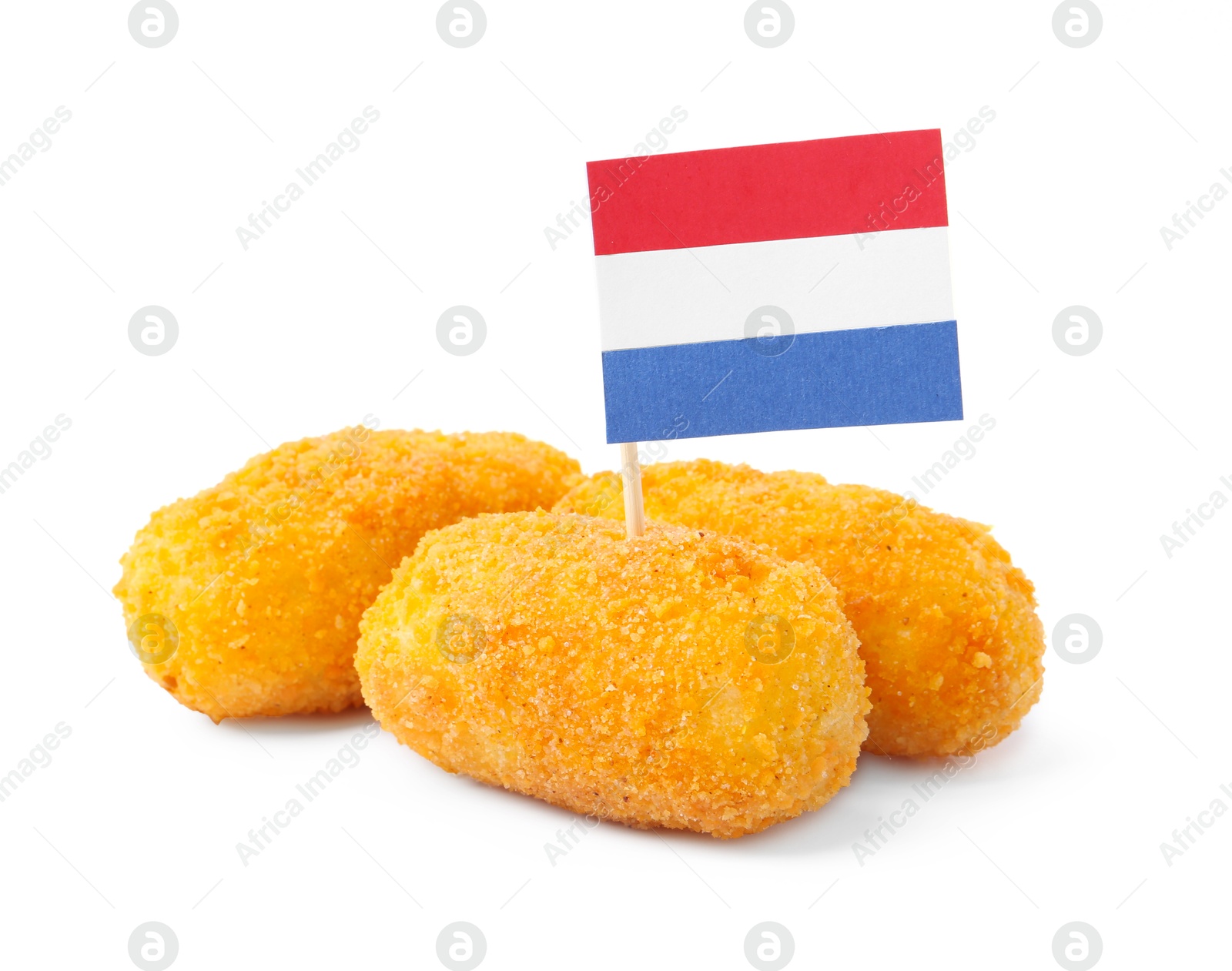 Photo of Delicious fried croquettes and flag of Netherlands isolated on white