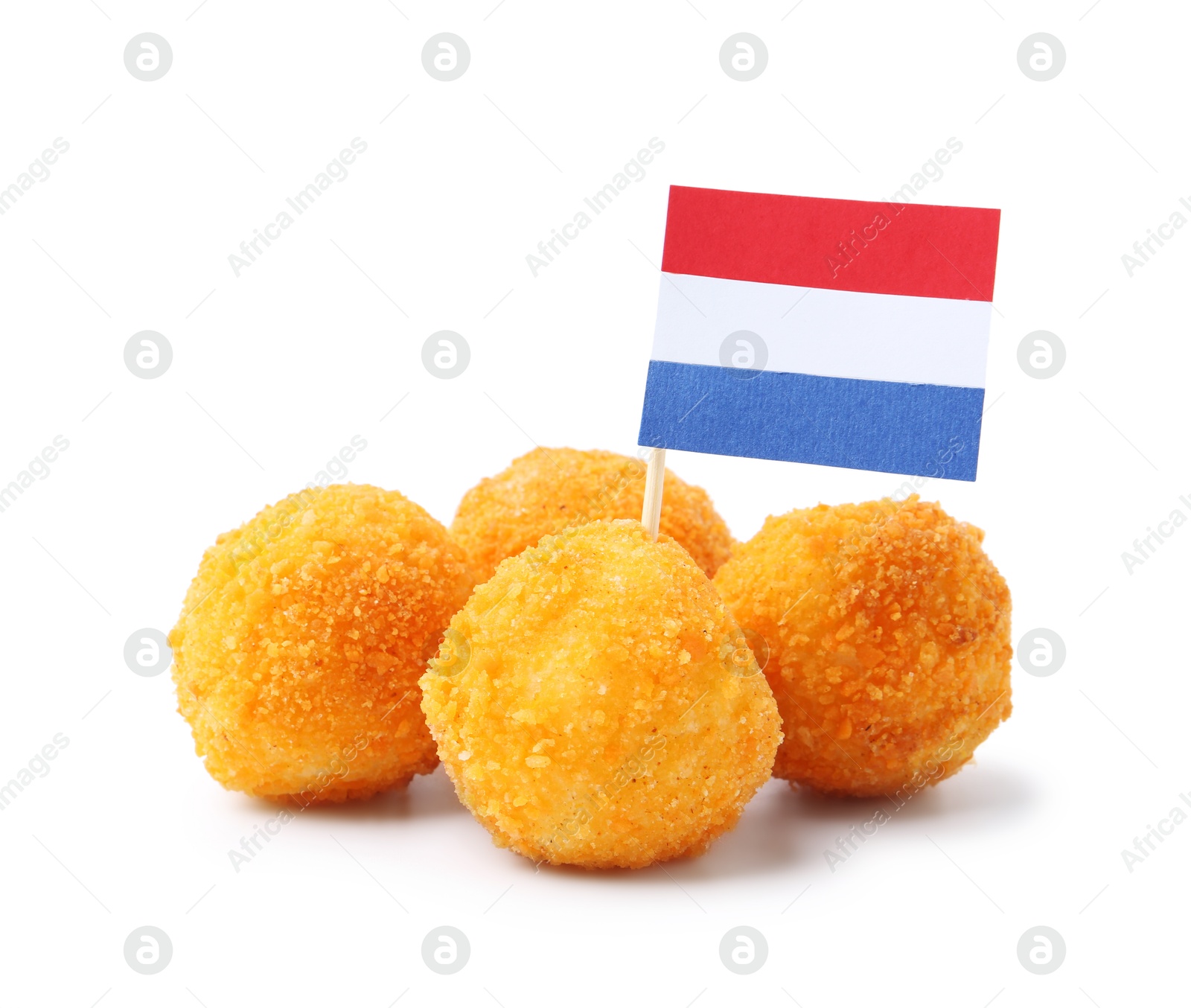 Photo of Delicious fried croquette balls and flag of Netherlands isolated on white