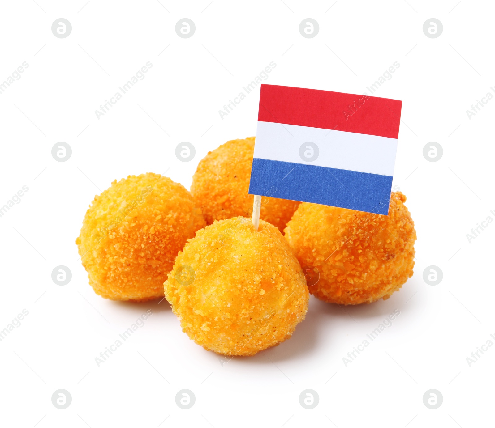 Photo of Delicious fried croquette balls and flag of Netherlands isolated on white