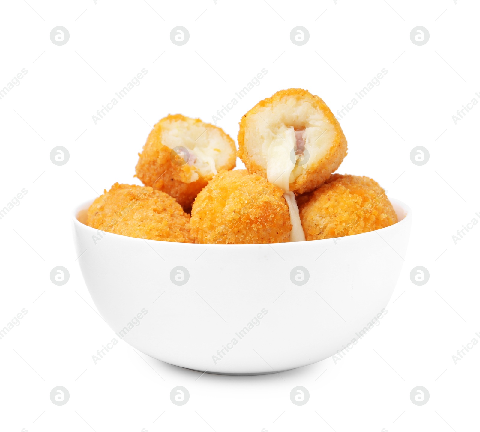Delicious fried croquettes in bowl isolated on white Photo of Delicious fried croquettes in bowl isolated on white
