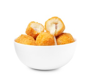 Photo of Delicious fried croquettes in bowl isolated on white