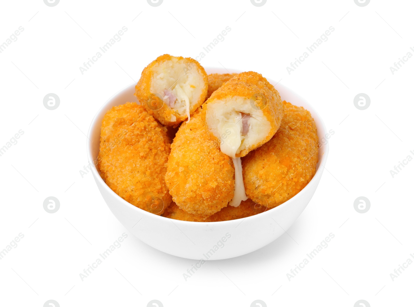 Delicious fried croquettes in bowl isolated on white Photo of Delicious fried croquettes in bowl isolated on white
