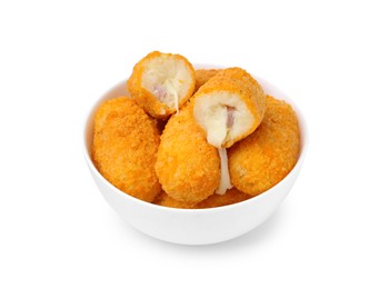 Photo of Delicious fried croquettes in bowl isolated on white