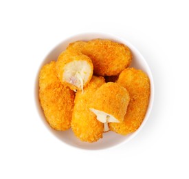 Photo of Delicious fried croquettes in bowl isolated on white, top view