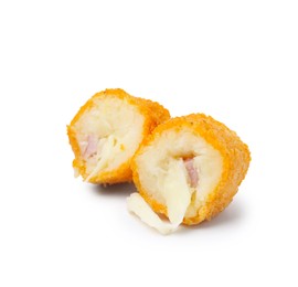 Photo of Delicious fried croquette with cheese and ham isolated on white