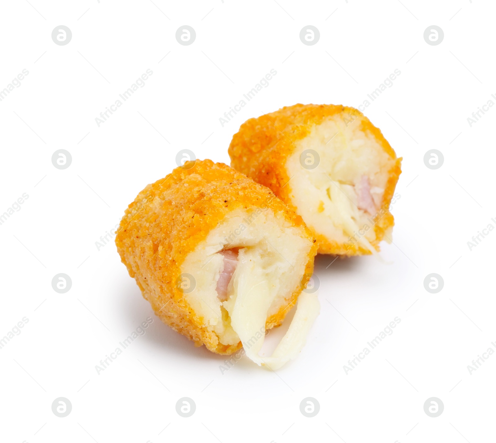Photo of Delicious fried croquette with cheese and ham isolated on white