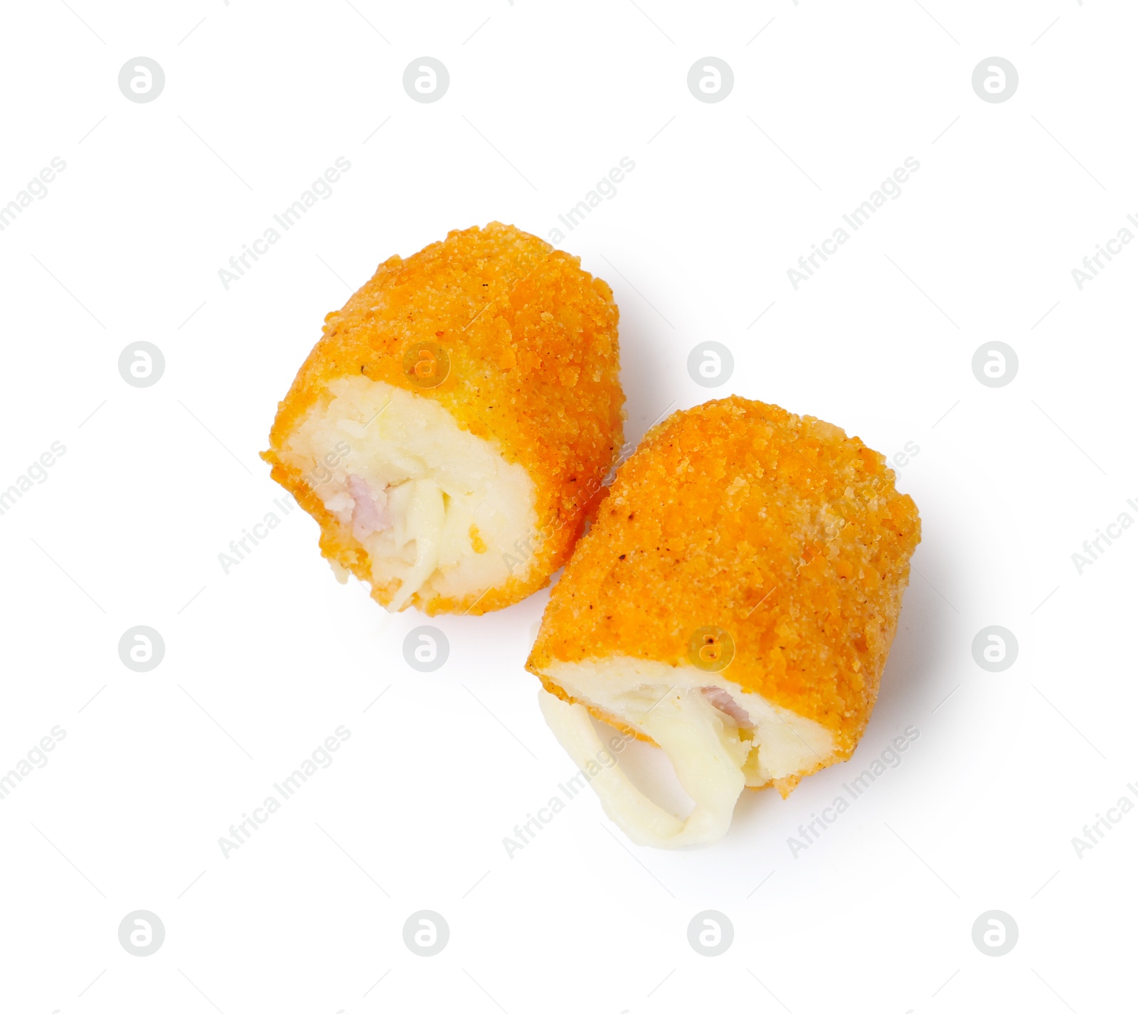 Photo of Delicious fried croquette with cheese and ham isolated on white, top view