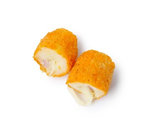 Photo of Delicious fried croquette with cheese and ham isolated on white, top view