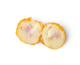 Photo of Delicious fried croquette with cheese and ham isolated on white, top view