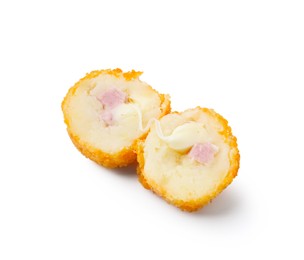 Photo of Delicious fried croquette with cheese and ham isolated on white