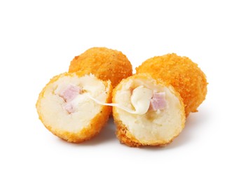 Photo of Delicious fried croquettes with cheese and ham isolated on white