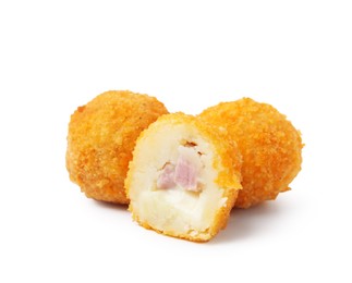 Photo of Delicious fried croquettes with cheese and ham isolated on white