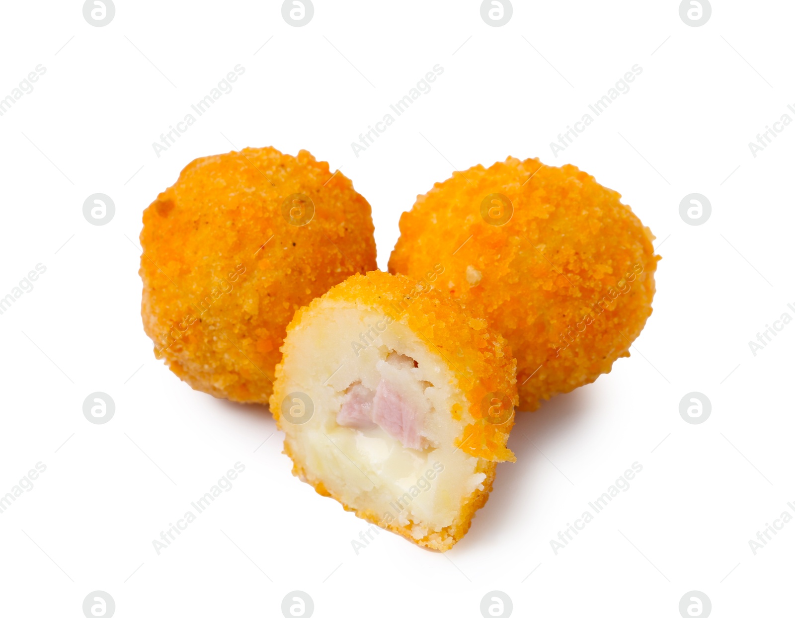 Delicious fried croquettes with cheese and ham isolated on white Photo of Delicious fried croquettes with cheese and ham isolated on white