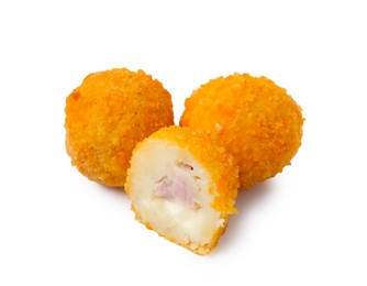 Photo of Delicious fried croquettes with cheese and ham isolated on white