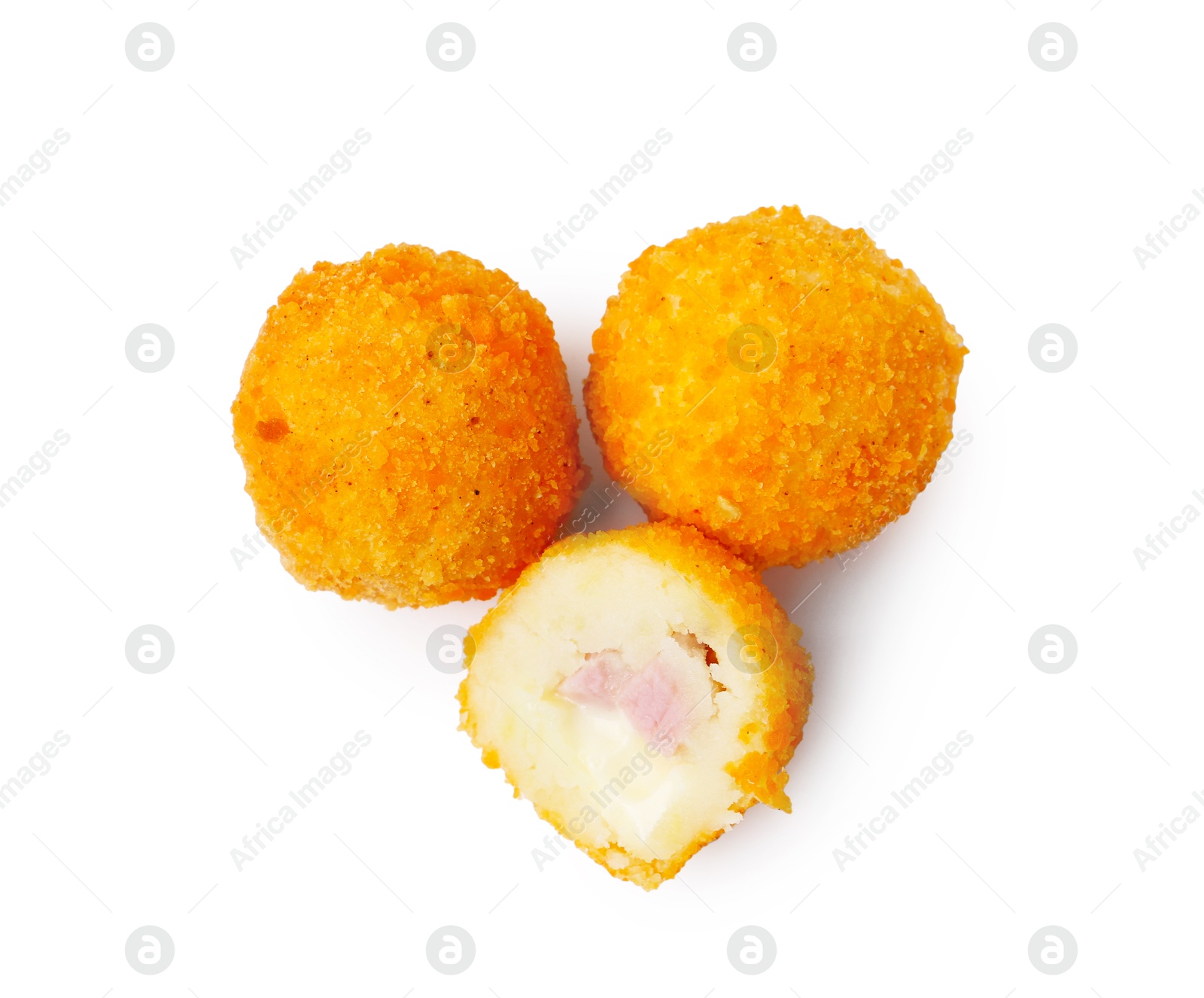 Photo of Delicious fried croquettes with cheese and ham isolated on white, top view