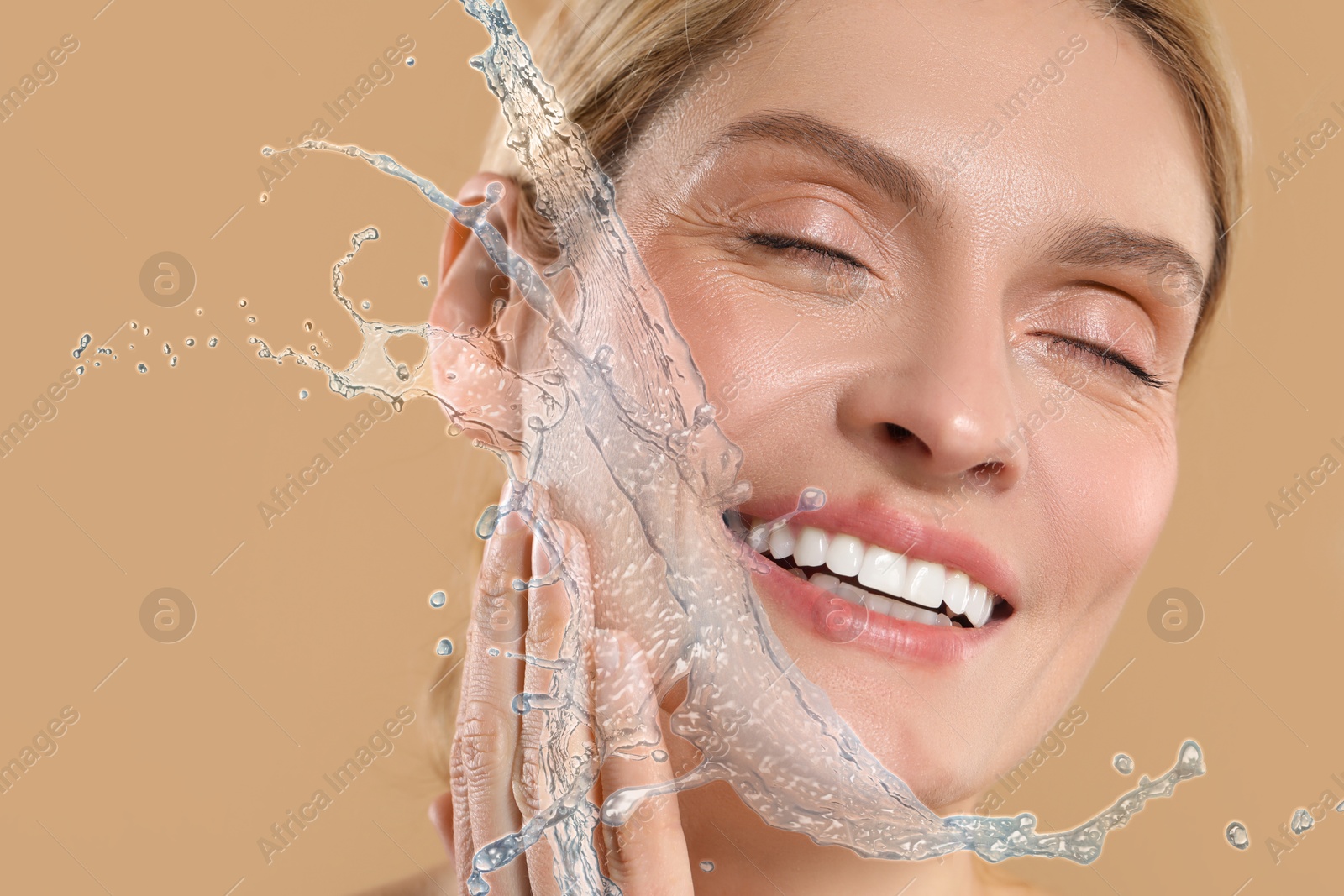 Woman with smooth skin and water splash against dark beige background, closeup Image of Woman with smooth skin and water splash against dark beige background, closeup