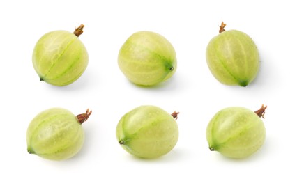 Image of Fresh green gooseberries on white background, set