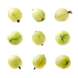 Image of Fresh green gooseberries on white background, set