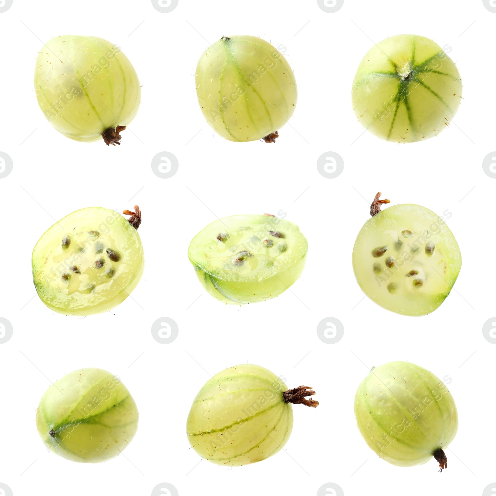 Fresh green gooseberries on white background, set Image of Fresh green gooseberries on white background, set