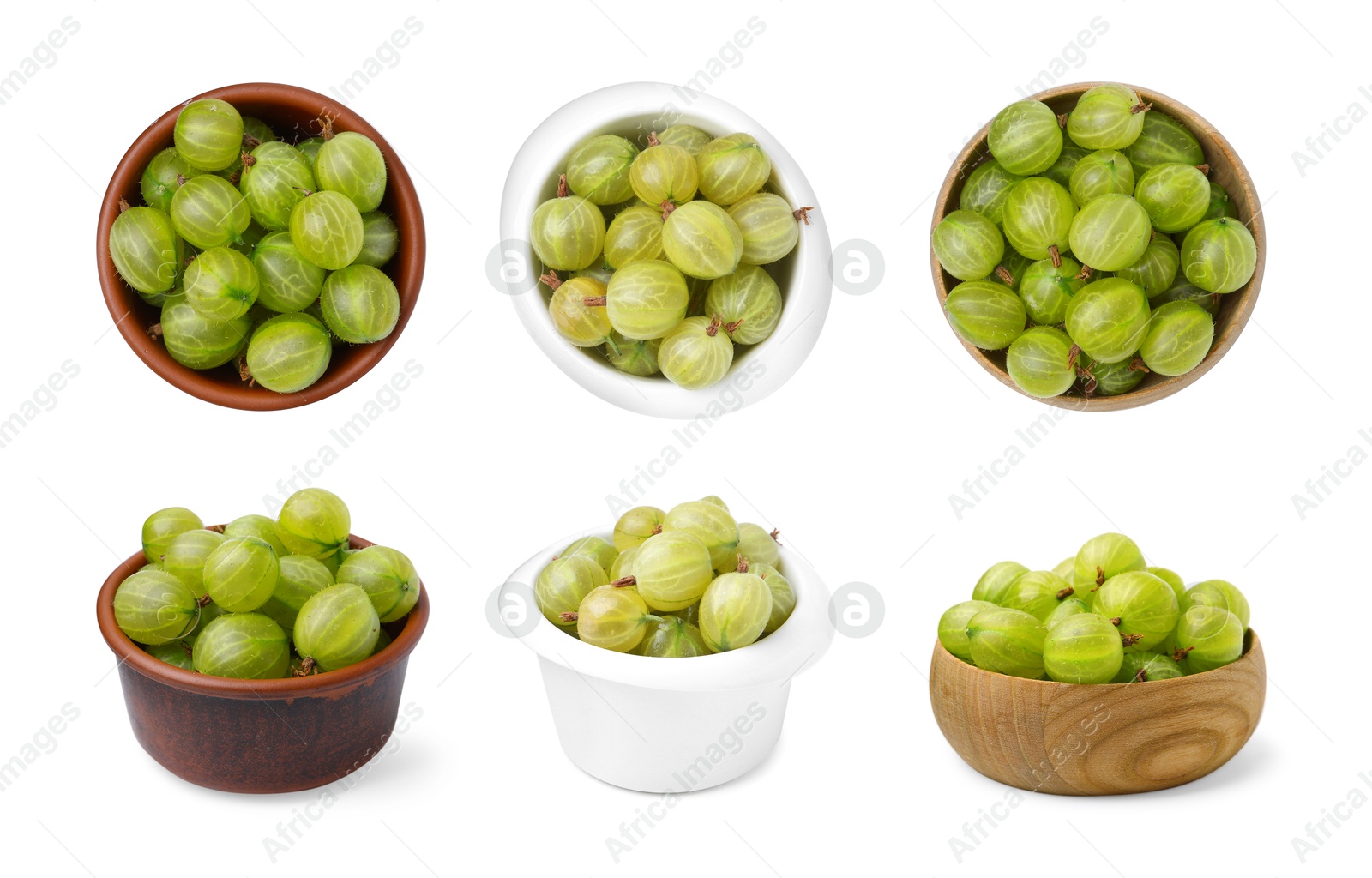 Fresh green gooseberries in bowls on white background, set. Top and side view Image of Fresh green gooseberries in bowls on white background, set. Top and side view