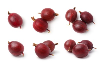 Image of Fresh red gooseberries on white background, set. Top and side view