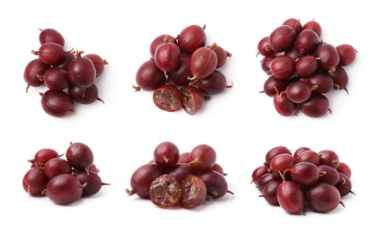 Image of Piles of fresh red gooseberries on white background, set. Top and side view