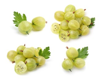 Image of Fresh green gooseberries on white background, set. Top and side view