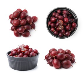 Image of Fresh red gooseberries on white background, set. Top and side view