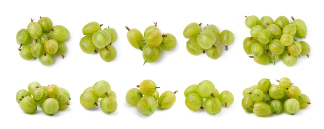 Image of Fresh green gooseberries on white background, set. Top and side view