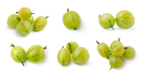 Image of Fresh green gooseberries on white background, set
