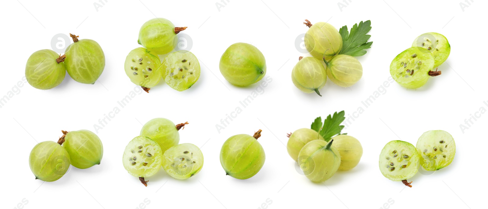 Fresh green gooseberries on white background, set Image of Fresh green gooseberries on white background, set