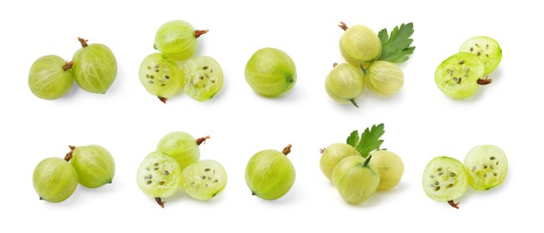 Image of Fresh green gooseberries on white background, set