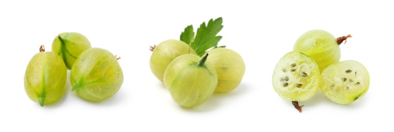Image of Fresh green gooseberries on white background, set