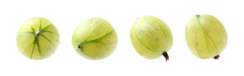 Image of Fresh green gooseberries on white background, set