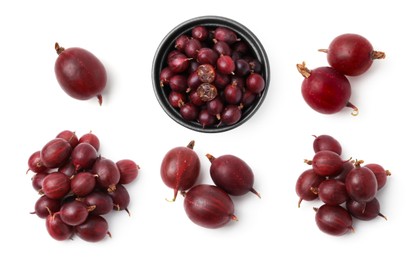 Image of Fresh red gooseberries on white background, set. Top view