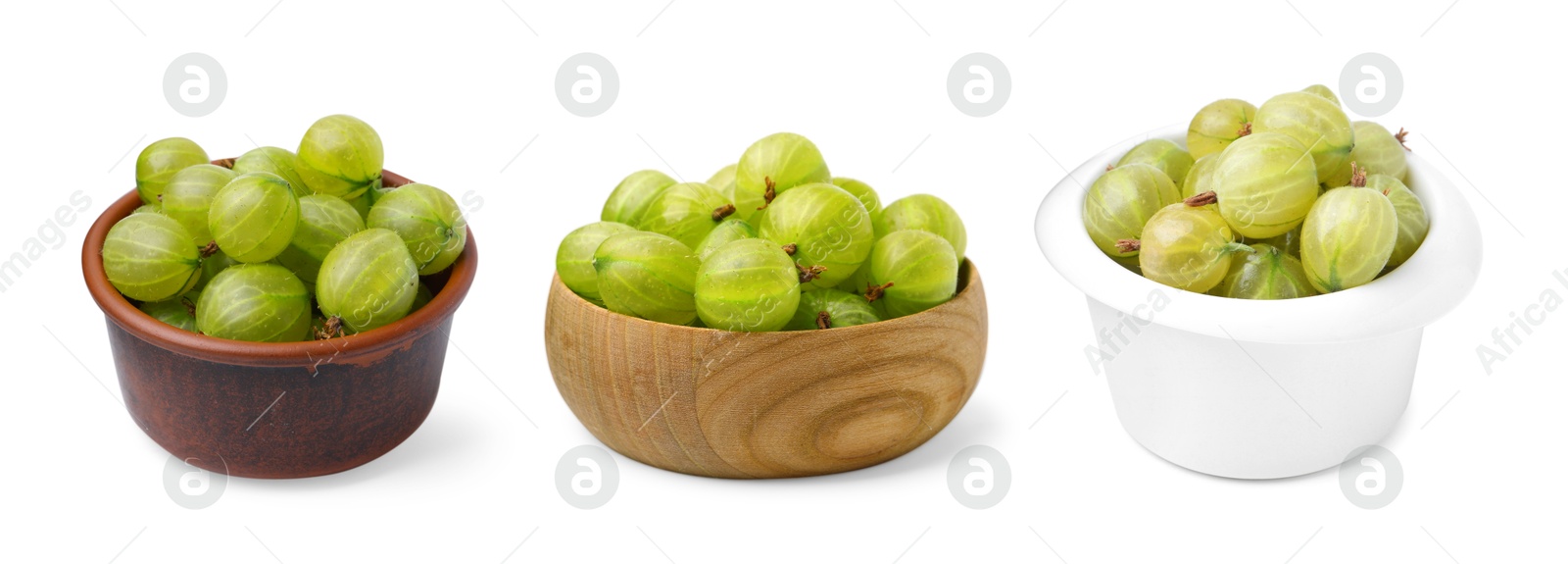 Fresh green gooseberries in bowls on white background, collage Image of Fresh green gooseberries in bowls on white background, collage