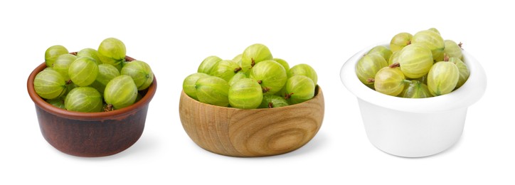 Image of Fresh green gooseberries in bowls on white background, collage