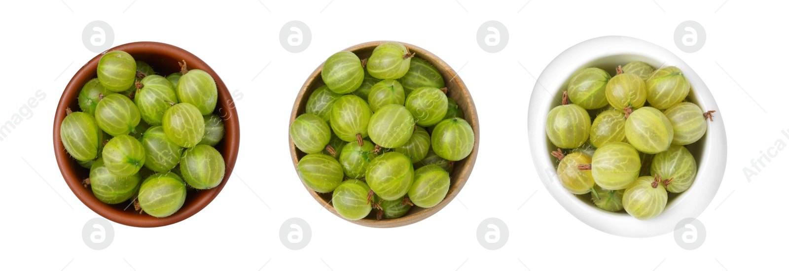 Fresh green gooseberries in bowls on white background, collage. Top view Image of Fresh green gooseberries in bowls on white background, collage. Top view