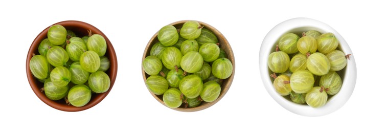 Image of Fresh green gooseberries in bowls on white background, collage. Top view