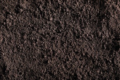 Photo of Fresh soil as background, top view. Organic matter