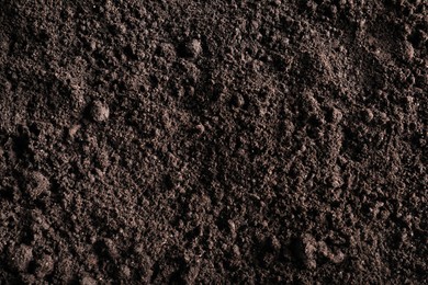 Photo of Fresh soil as background, top view. Organic matter