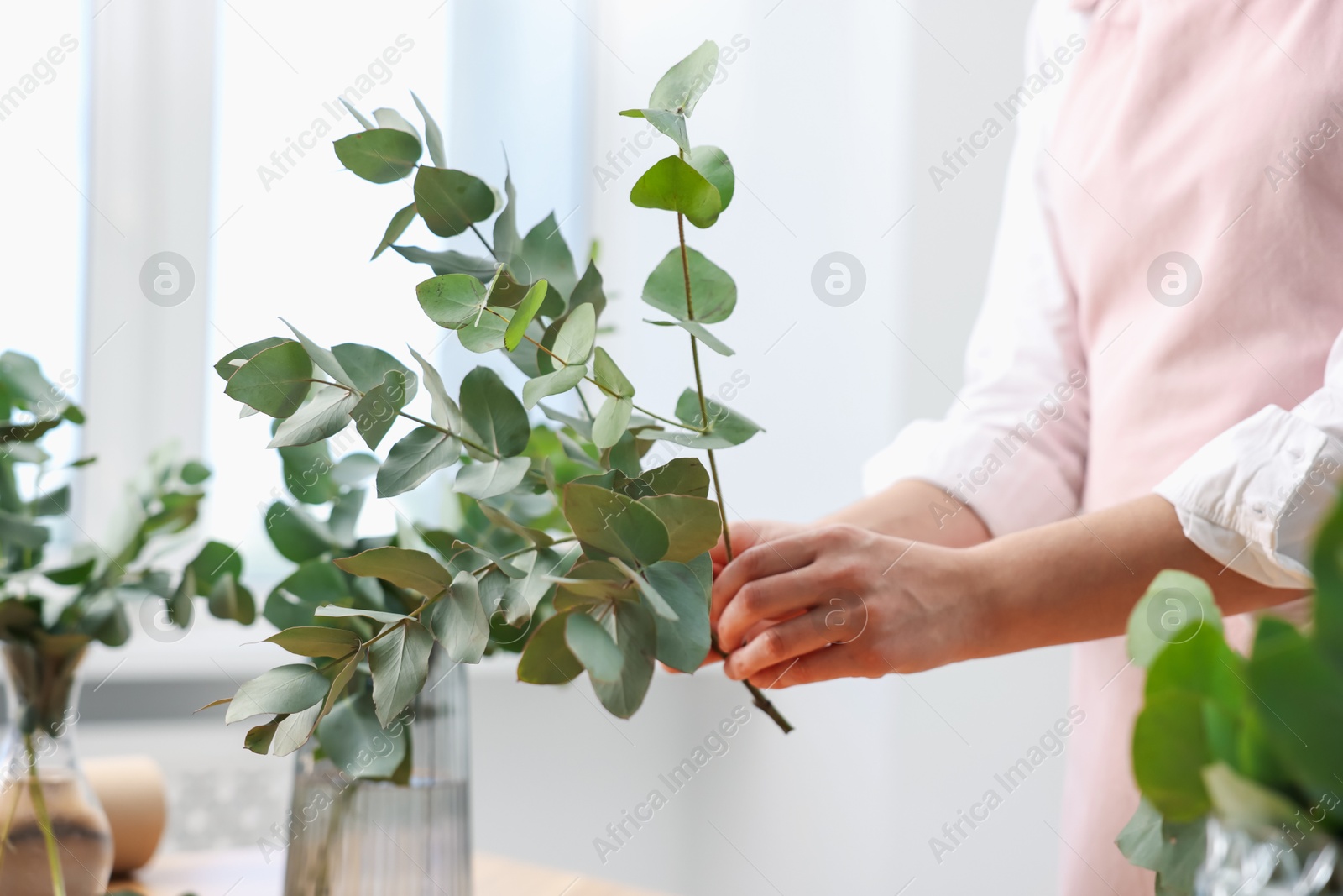 Florist making beautiful bouquet of eucalyptus branches in flower shop, closeup Photo of Florist making beautiful bouquet of eucalyptus branches in flower shop, closeup