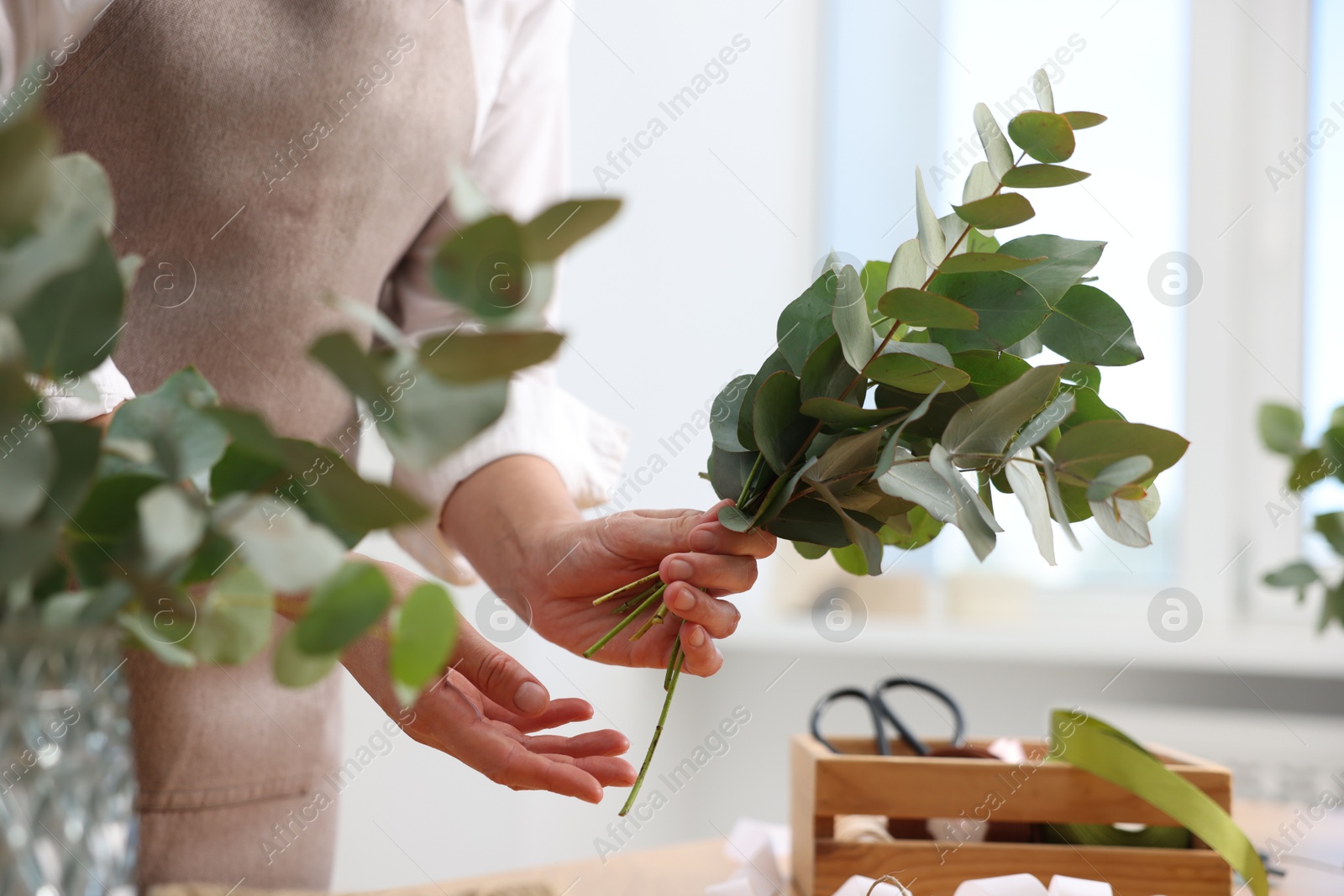 Florist making beautiful bouquet of eucalyptus branches in flower shop, closeup Photo of Florist making beautiful bouquet of eucalyptus branches in flower shop, closeup