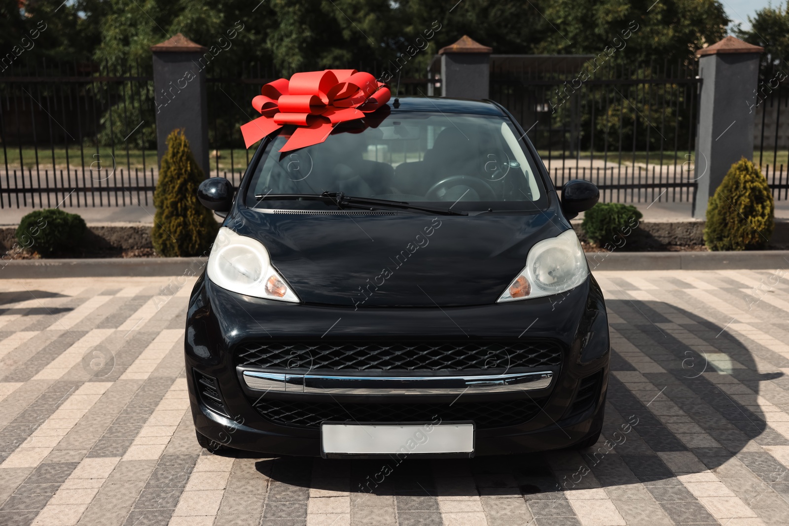 Dreams come true. New auto with big red bow outdoors Photo of Dreams come true. New auto with big red bow outdoors