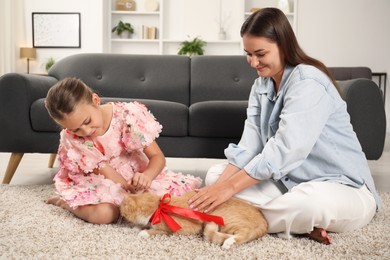 Photo of Dreams come true. Mother giving ginger cat with red bow to her daughter at home